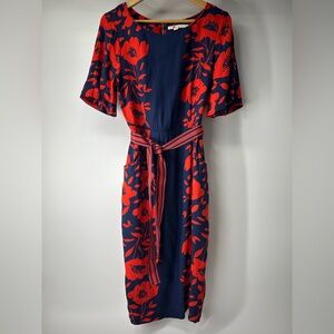 Boden Navy and Red Orange Floral Belted Dress US 10R